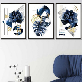 Set of 3 Abstract Blue and Gold Botanical Wall Art Prints / 42x59cm (A2) / Black Frame