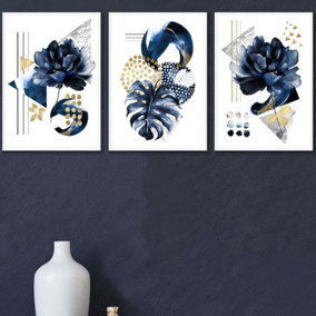 Set of 3 Abstract Blue and Gold Botanical Wall Art Prints / 42x59cm (A2) / White Frame