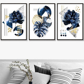 Set of 3 Abstract Blue and Gold Botanical Wall Art Prints / 50x70cm / Black Frame