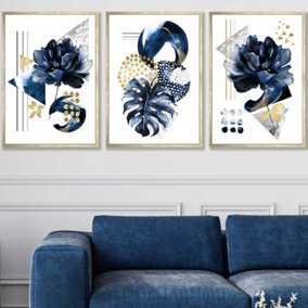 Set of 3 Abstract Blue and Gold Botanical Wall Art Prints / 50x70cm / Gold Frame