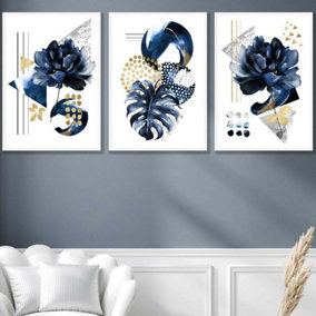 Set of 3 Abstract Blue and Gold Botanical Wall Art Prints / 50x70cm / White Frame