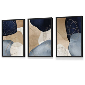 Set of 3 Abstract Blue, Beige, Gold Shapes Wall Art Prints / 30x42cm (A3) / Black Frame