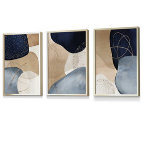 Set of 3 Abstract Blue, Beige, Gold Shapes Wall Art Prints / 30x42cm (A3) / Gold Frame