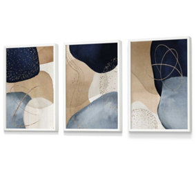Set of 3 Abstract Blue, Beige, Gold Shapes Wall Art Prints / 30x42cm (A3) / White Frame