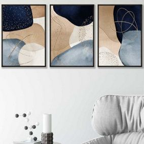 Set of 3 Abstract Blue, Beige, Gold Shapes Wall Art Prints / 42x59cm (A2) / Black Frame