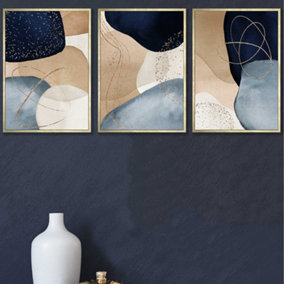 Set of 3 Abstract Blue, Beige, Gold Shapes Wall Art Prints / 42x59cm (A2) / Gold Frame