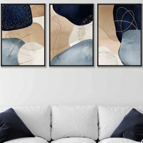 Set of 3 Abstract Blue, Beige, Gold Shapes Wall Art Prints / 50x70cm / Black Frame