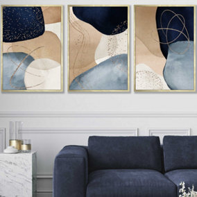 Set of 3 Abstract Blue, Beige, Gold Shapes Wall Art Prints / 50x70cm / Gold Frame