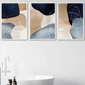 Set of 3 Abstract Blue, Beige, Gold Shapes Wall Art Prints / 50x70cm / White Frame