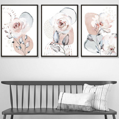 Set of 3 Abstract Blush Pink Botanical Wall Art Prints / 30x42cm (A3) / Black Frame