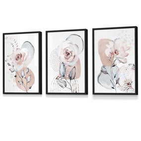 Set of 3 Abstract Blush Pink Botanical Wall Art Prints / 30x42cm (A3) / Black Frame