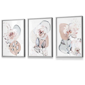 Set of 3 Abstract Blush Pink Botanical Wall Art Prints / 30x42cm (A3) / Light Grey Frame