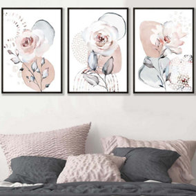 Set of 3 Abstract Blush Pink Botanical Wall Art Prints / 50x70cm / Black Frame