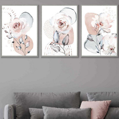 Set of 3 Abstract Blush Pink Botanical Wall Art Prints / 50x70cm / Light  Grey Frame