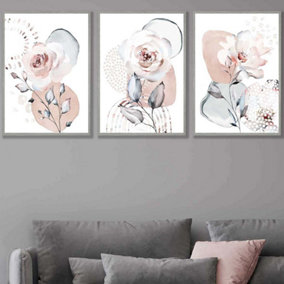 Set of 3 Abstract Blush Pink Botanical Wall Art Prints / 50x70cm / Light Grey Frame