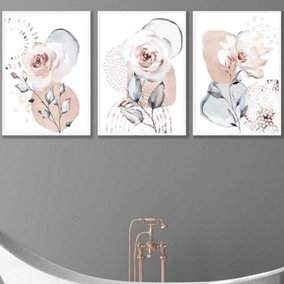 Set of 3 Abstract Blush Pink Botanical Wall Art Prints / 50x70cm / White Frame