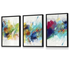 Set of 3 Abstract Colourful Pink Blue Yellow Mixed Media Fractal Wall Art Prints / 30x42cm (A3) / Black Frame