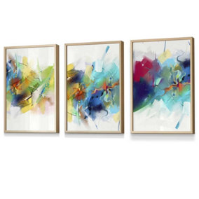 Set of 3 Abstract Colourful Pink Blue Yellow Mixed Media Fractal Wall Art Prints / 30x42cm (A3) / Oak Frame