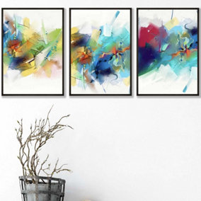 Set of 3 Abstract Colourful Pink Blue Yellow Mixed Media Fractal Wall Art Prints / 42x59cm (A2) / Black Frame