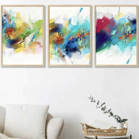 Set of 3 Abstract Colourful Pink Blue Yellow Mixed Media Fractal Wall Art Prints / 42x59cm (A2) / Oak Frame