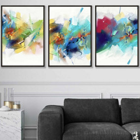 Set of 3 Abstract Colourful Pink Blue Yellow Mixed Media Fractal Wall Art Prints / 50x70cm / Black Frame
