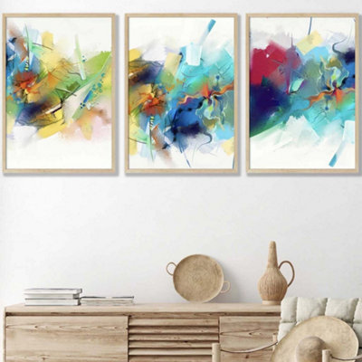 Set of 3 Abstract Colourful Pink Blue Yellow Mixed Media Fractal Wall Art Prints / 50x70cm / Oak Frame