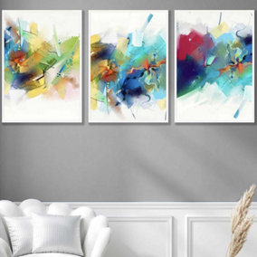 Set of 3 Abstract Colourful Pink Blue Yellow Mixed Media Fractal Wall Art Prints / 50x70cm / White Frame