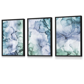 Set of 3 Abstract Floral Fluid in Blue Green and Purple Wall Art Prints / 30x42cm (A3) / Black Frame