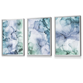 Set of 3 Abstract Floral Fluid in Blue Green and Purple Wall Art Prints / 30x42cm (A3) / Silver Frame