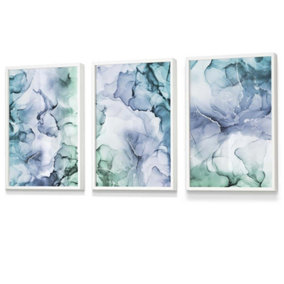 Set of 3 Abstract Floral Fluid in Blue Green and Purple Wall Art Prints / 30x42cm (A3) / White Frame
