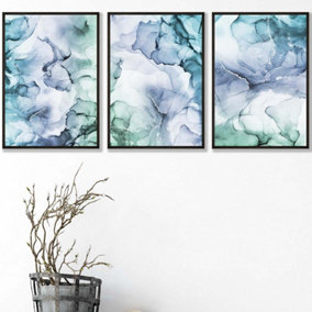 Set of 3 Abstract Floral Fluid in Blue Green and Purple Wall Art Prints / 42x59cm (A2) / Black Frame