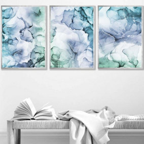 Set of 3 Abstract Floral Fluid in Blue Green and Purple Wall Art Prints / 42x59cm (A2) / Silver Frame