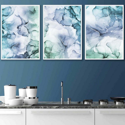 Set of 3 Abstract Floral Fluid in Blue Green and Purple Wall Art Prints / 42x59cm (A2) / White Frame