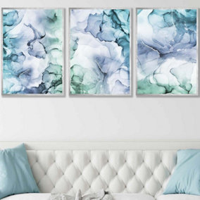Set of 3 Abstract Floral Fluid in Blue Green and Purple Wall Art Prints / 50x70cm / Silver Frame
