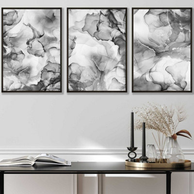 Set of 3 Abstract Floral Fluid in Grey Wall Art Prints / 30x42cm (A3) / Black Frame