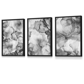 Set of 3 Abstract Floral Fluid in Grey Wall Art Prints / 30x42cm (A3) / Black Frame