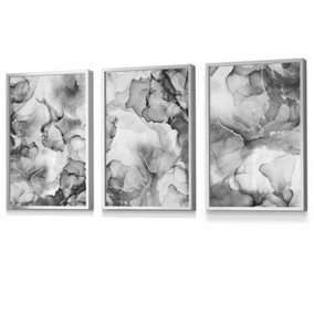 Set of 3 Abstract Floral Fluid in Grey Wall Art Prints / 30x42cm (A3) / Silver Frame