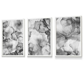 Set of 3 Abstract Floral Fluid in Grey Wall Art Prints / 30x42cm (A3) / White Frame