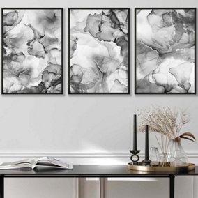 Set of 3 Abstract Floral Fluid in Grey Wall Art Prints / 42x59cm (A2) / Black Frame