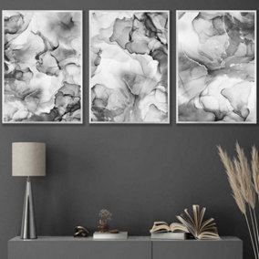 Set of 3 Abstract Floral Fluid in Grey Wall Art Prints / 42x59cm (A2) / Silver Frame