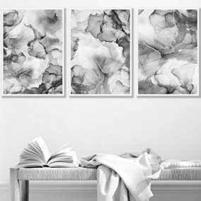 Set of 3 Abstract Floral Fluid in Grey Wall Art Prints / 42x59cm (A2) / White Frame