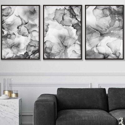 Set of 3 Abstract Floral Fluid in Grey Wall Art Prints / 50x70cm / Black Frame