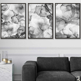 Set of 3 Abstract Floral Fluid in Grey Wall Art Prints / 50x70cm / Black Frame
