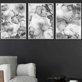 Set of 3 Abstract Floral Fluid in Grey Wall Art Prints / 50x70cm / Silver Frame