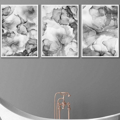 Set of 3 Abstract Floral Fluid in Grey Wall Art Prints / 50x70cm / White Frame