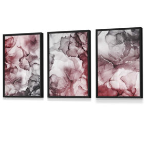 Set of 3 Abstract Floral Fluid in Red and Grey Wall Art Prints / 30x42cm (A3) / Black Frame