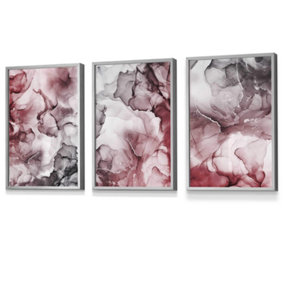 Set of 3 Abstract Floral Fluid in Red and Grey Wall Art Prints / 30x42cm (A3) / Light Grey Frame