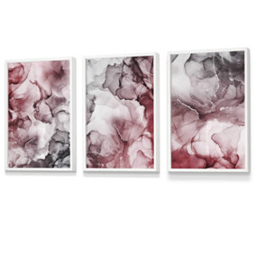 Set of 3 Abstract Floral Fluid in Red and Grey Wall Art Prints / 30x42cm (A3) / White Frame