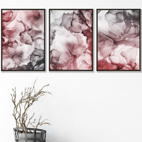 Set of 3 Abstract Floral Fluid in Red and Grey Wall Art Prints / 42x59cm (A2) / Black Frame