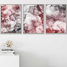 Set of 3 Abstract Floral Fluid in Red and Grey Wall Art Prints / 42x59cm (A2) / Light Grey Frame